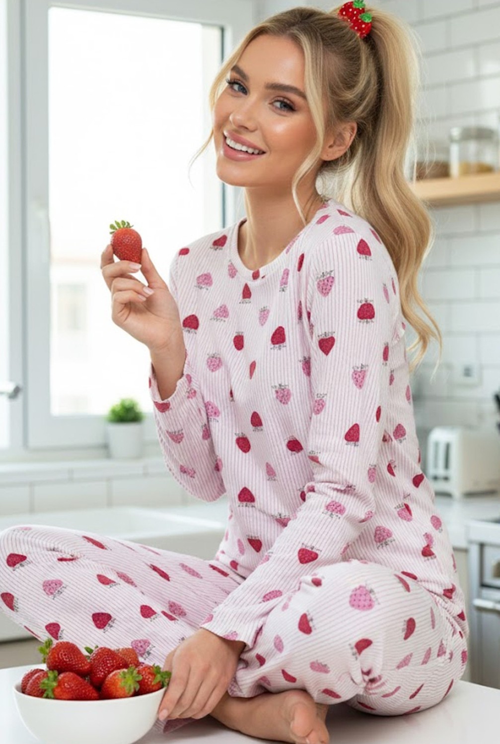 Siyah İnci Çilek Desenli Mevsimlik Ince Bisiklet Yaka Örme Pijama Takım 7979
