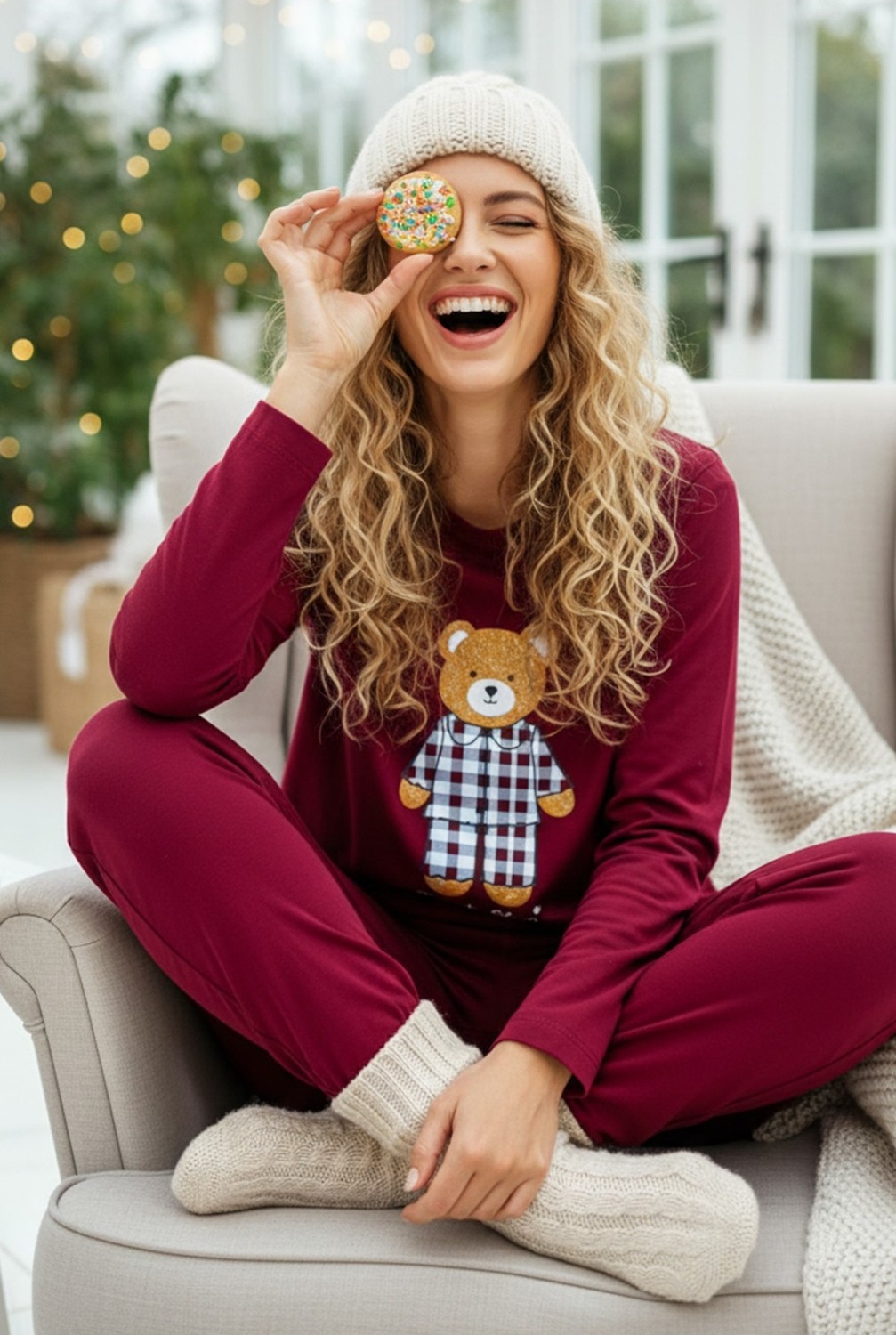 Siyah İnci Siyah Ayıcık Baskılı Örme Pijama Takım 7968 görsel 2
