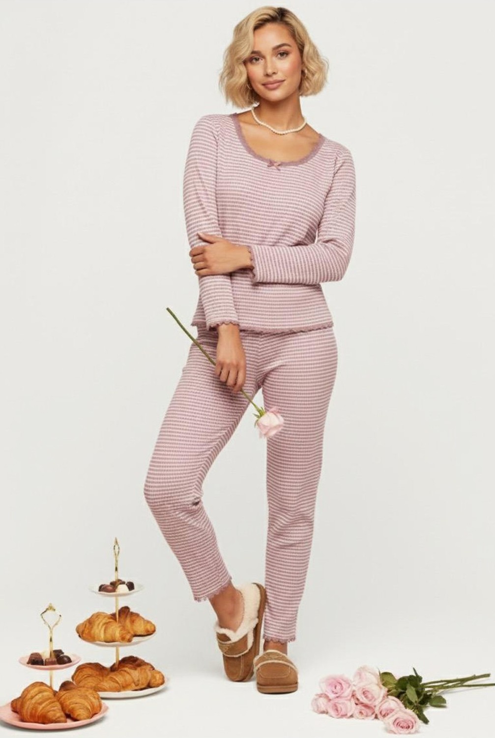 Siyah İnci Siyah V Yaka Fırçalı Soft Fitilli Kaşkorse Pijama Takım 7966 görsel 6