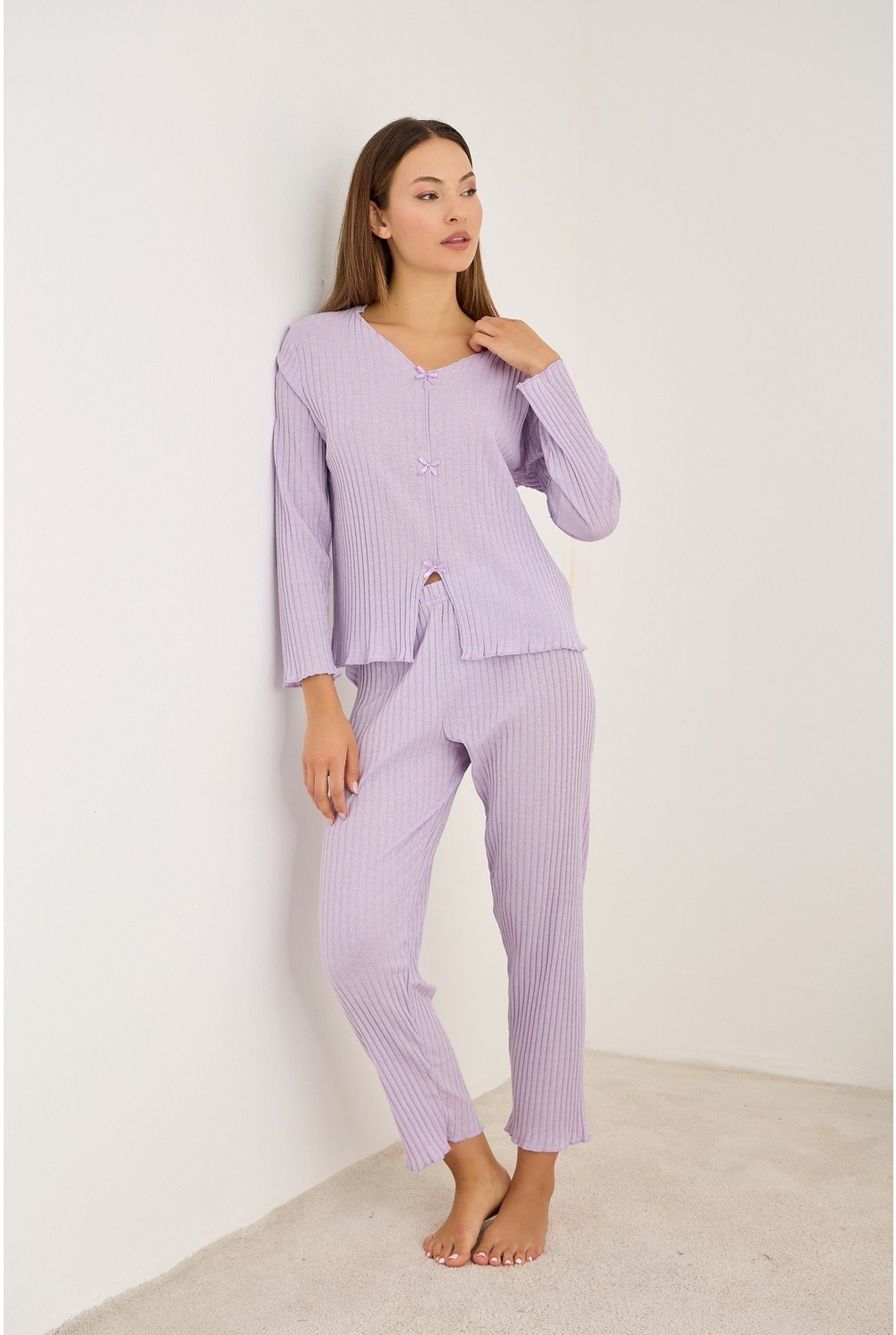 Siyah İnci Somon Fiyonklu Fitilli Kaşkorse Uzun Kollu Pijama Takım 7937 görsel 8
