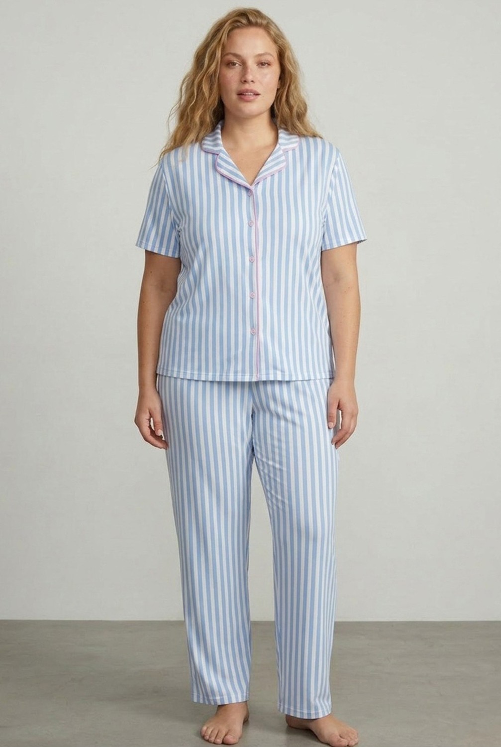 Siyah İnci Desenli Pamuklu Düğmeli Curve Büyük Beden Battal Pijama Takım görsel 2