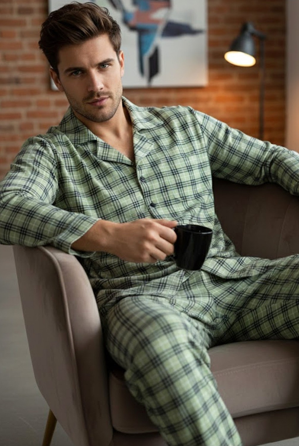 Siyah İnci Erkek Ekoseli %100 Pamuklu Örme Düğmeli Pijama Takım 7985
