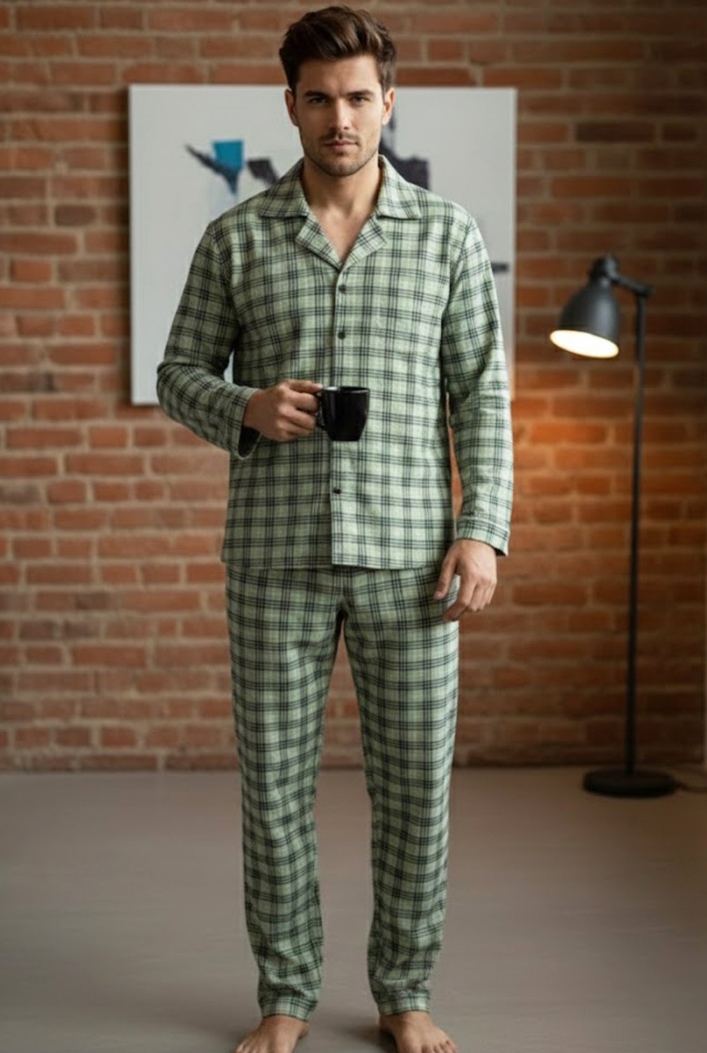 Siyah İnci Erkek Ekoseli %100 Pamuklu Örme Düğmeli Pijama Takım 7985 görsel 2
