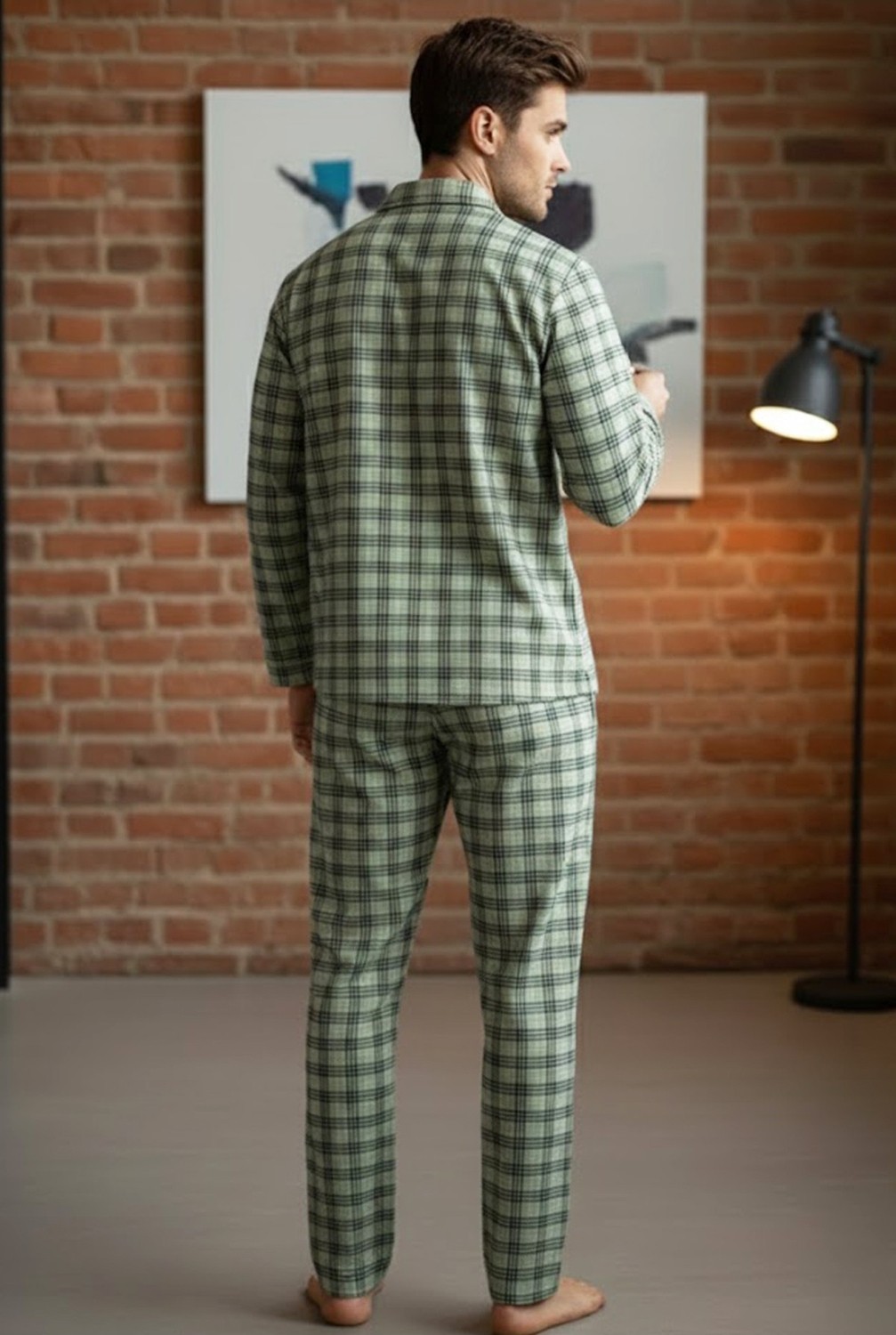 Siyah İnci Erkek Ekoseli %100 Pamuklu Örme Düğmeli Pijama Takım 7985 görsel 3
