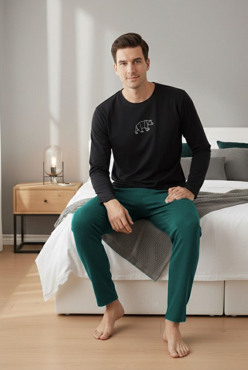 Siyah İnci Uzun Kollu Büyük Beden Örme Pijama TAKIM7918