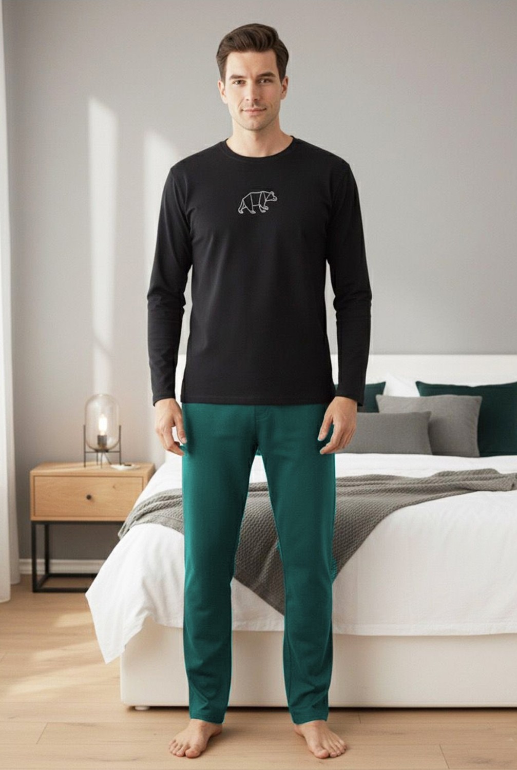 Siyah İnci Uzun Kollu Büyük Beden Örme Pijama TAKIM7918 görsel 2