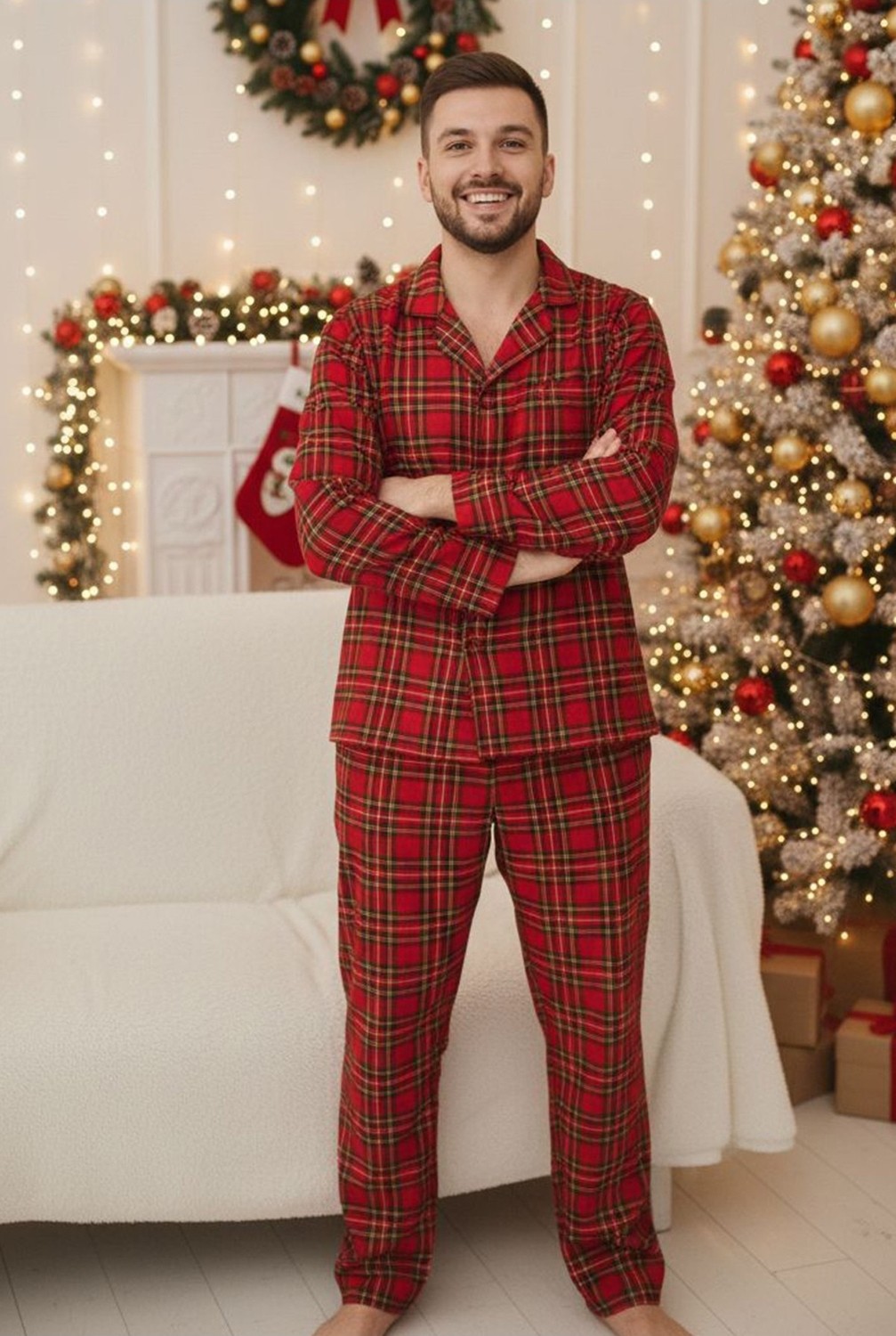 Siyah İnci Erkek Ekoseli %100 Pamuklu Örme Düğmeli Pijama Takım 7985 görsel 5