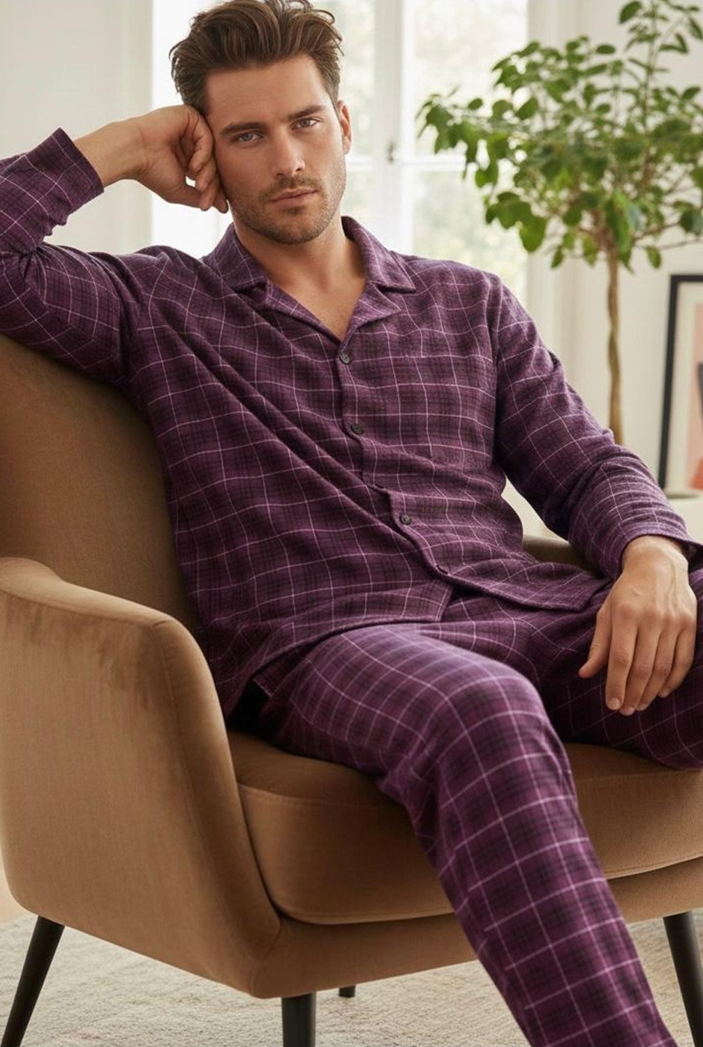 Siyah İnci Erkek Ekoseli %100 Pamuklu Örme Düğmeli Pijama Takım 7985 görsel 6