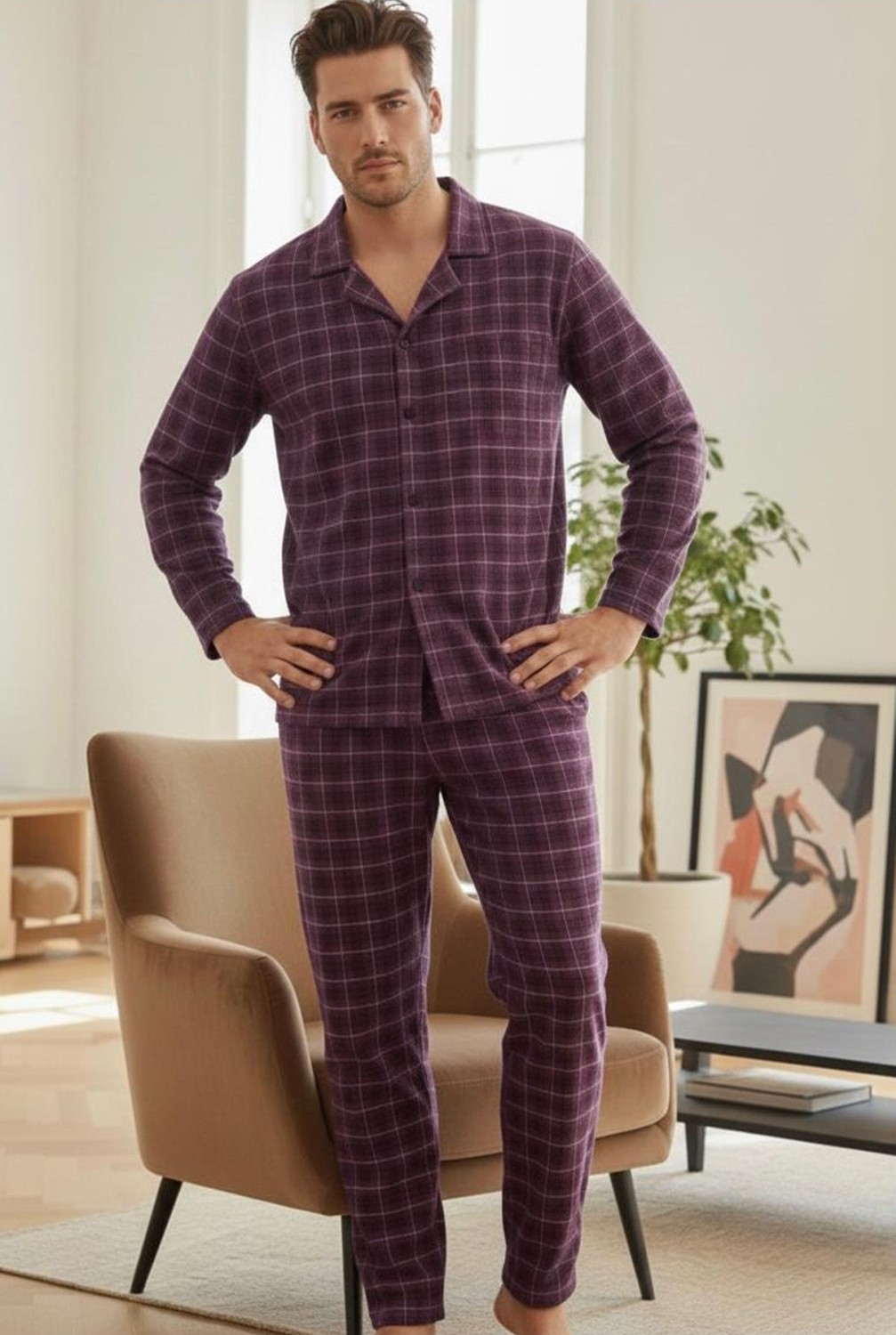Siyah İnci Erkek Ekoseli %100 Pamuklu Örme Düğmeli Pijama Takım 7985 görsel 7