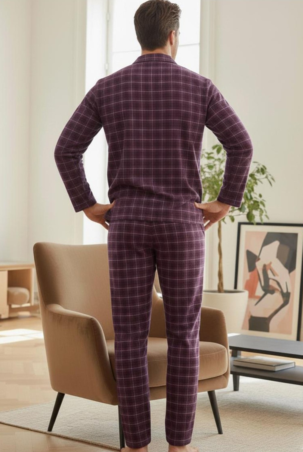 Siyah İnci Erkek Ekoseli %100 Pamuklu Örme Düğmeli Pijama Takım 7985 görsel 8