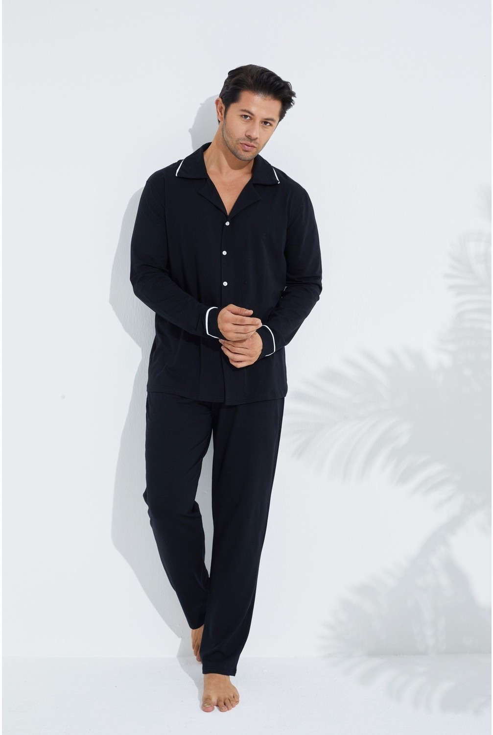 Siyah İnci Erkek Pamuklu Gömlek Yaka Düğmeli Biyeli Pijama Takım görsel 5