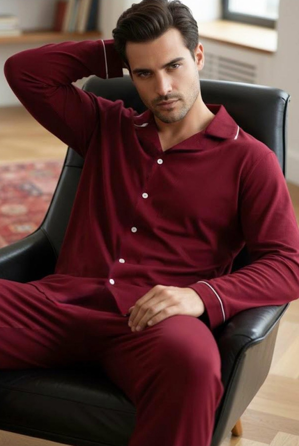 Siyah İnci Erkek Pamuklu Gömlek Yaka Düğmeli Biyeli Pijama Takım görsel 7