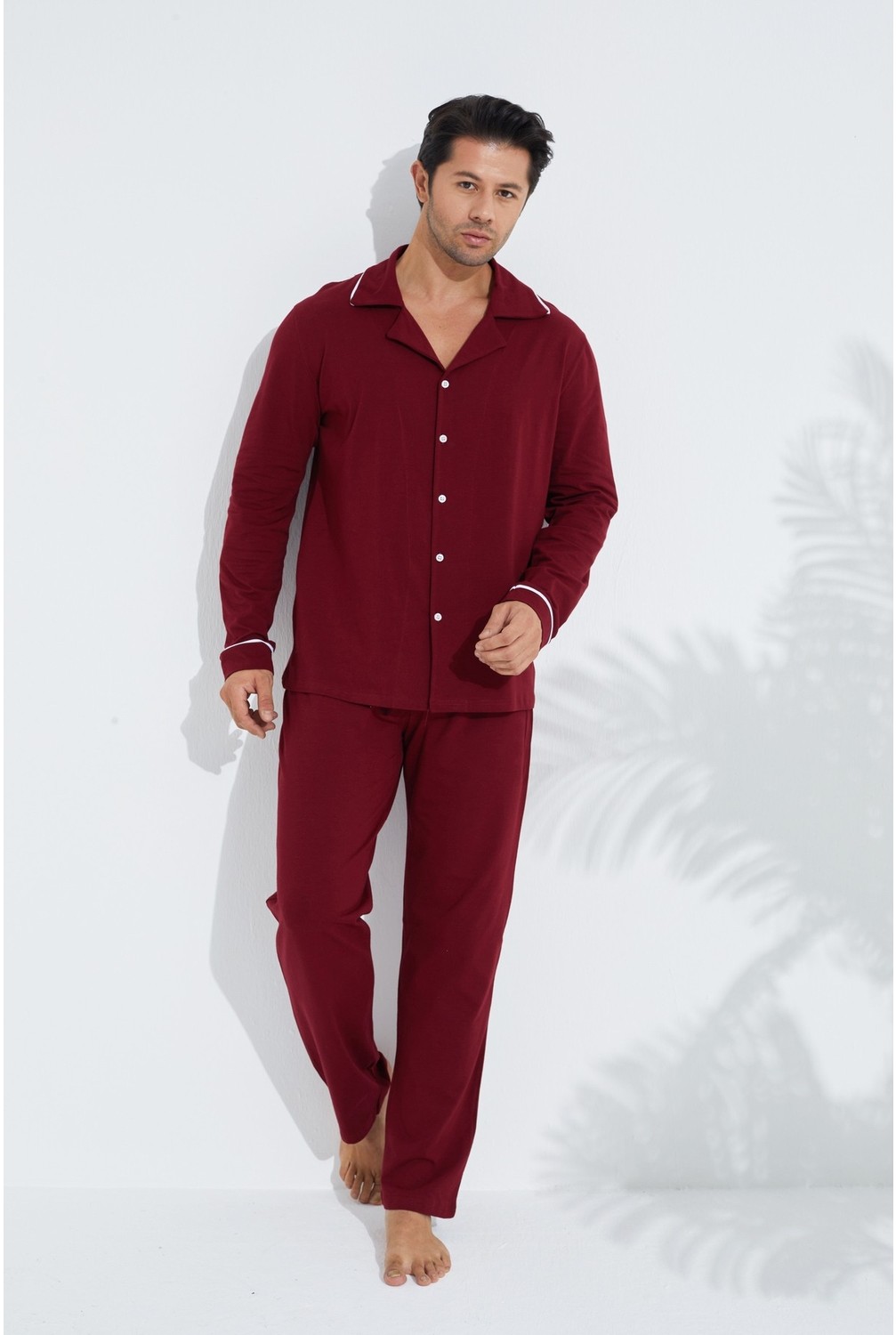 Siyah İnci Erkek Pamuklu Gömlek Yaka Düğmeli Biyeli Pijama Takım görsel 8