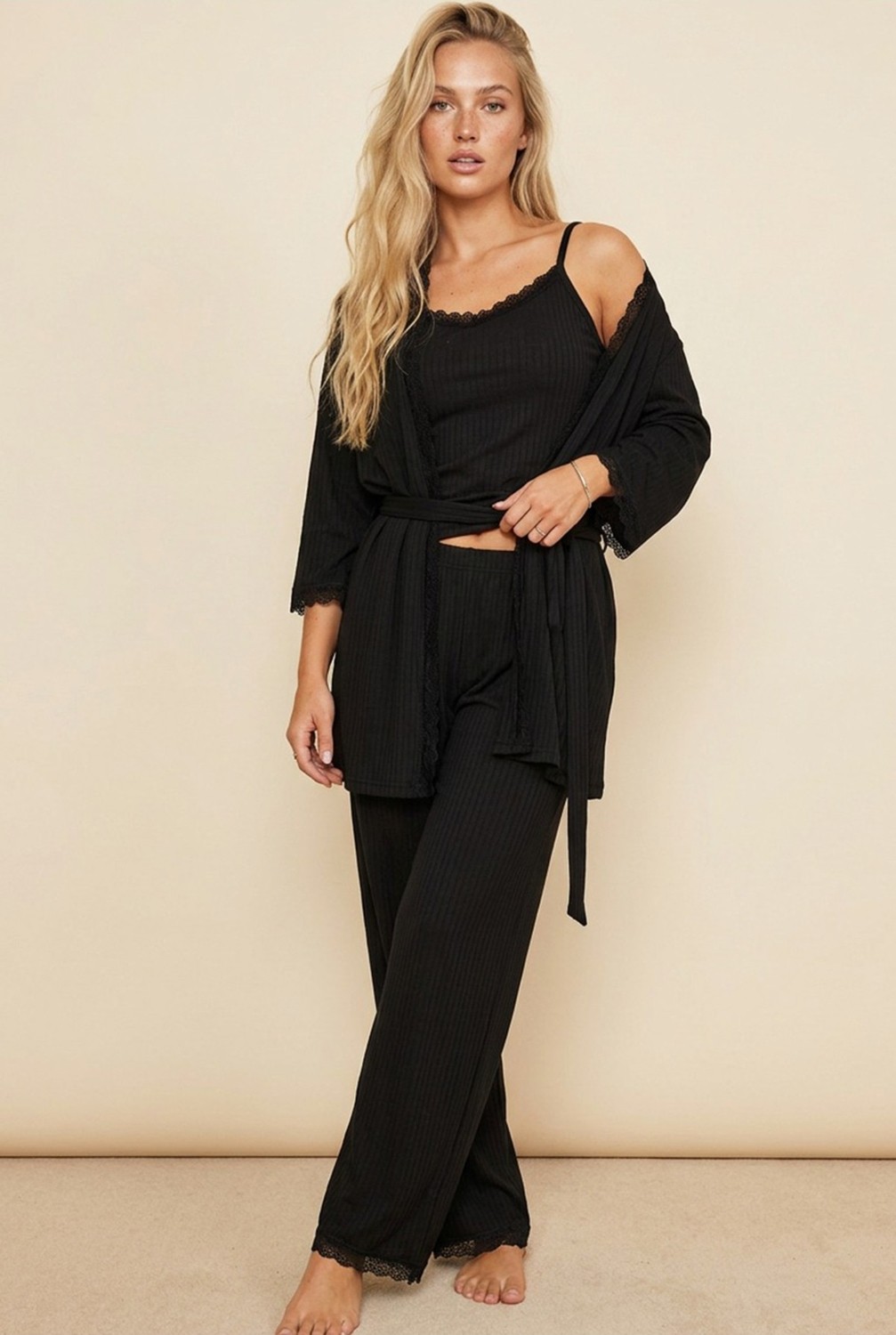 Siyah İnci 3\'lü Soft Touch Ince Örme Sabahlık Takım görsel 5