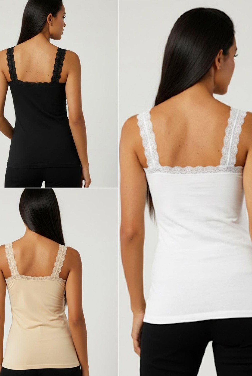 Siyah İnci Pamuklu Likralı Askılı Dantelli Örme T-Shirt Atlet 3'lü Paket 2XL Siyah-Beyaz-Ten 1006 görsel 6