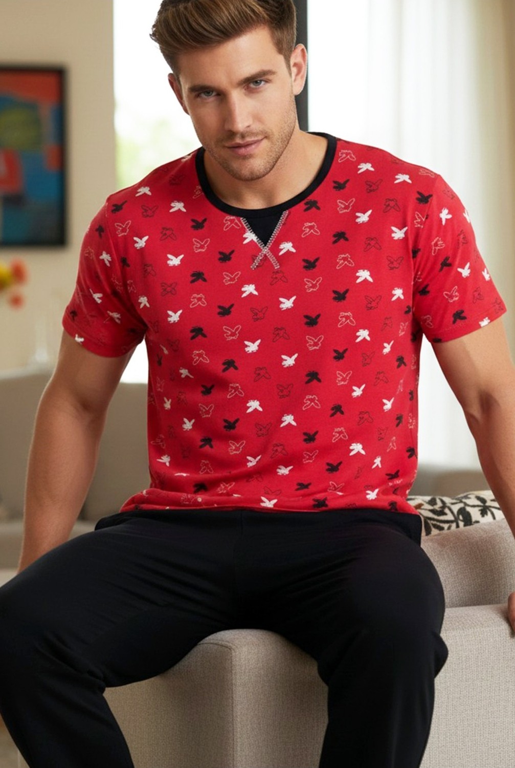 Siyah İnci Kırmızı Desenli Bisiklet Yaka Baskılı Örme Pijama Takım 25109837
