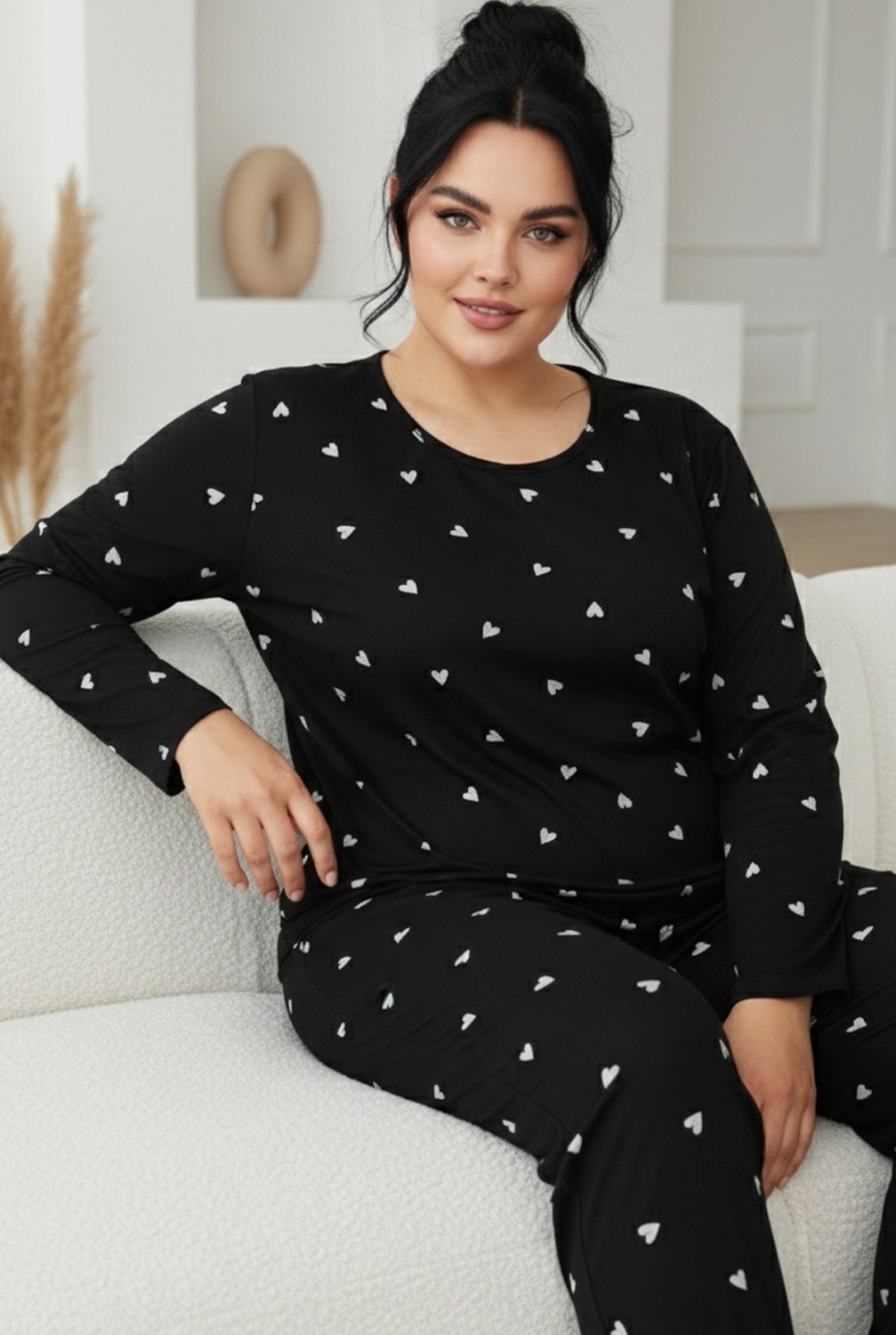 Siyah İnci Kadın Siyah Kalp Desenli Curve Büyük Beden Battal Boy Pamuklu Pijama Takımı Rahat Kesim