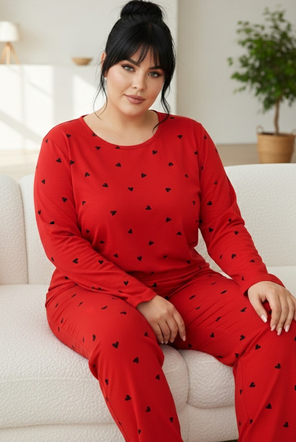 Siyah İnci Kadın Siyah Kalp Desenli Curve Büyük Beden Battal Boy Pamuklu Pijama Takımı Rahat Kesim
