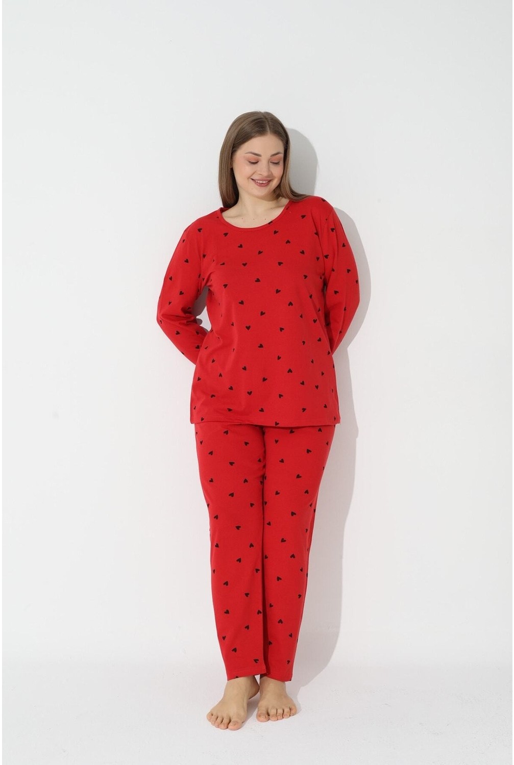 Siyah İnci Kadın Siyah Kalp Desenli Curve Büyük Beden Battal Boy Pamuklu Pijama Takımı Rahat Kesim görsel 2