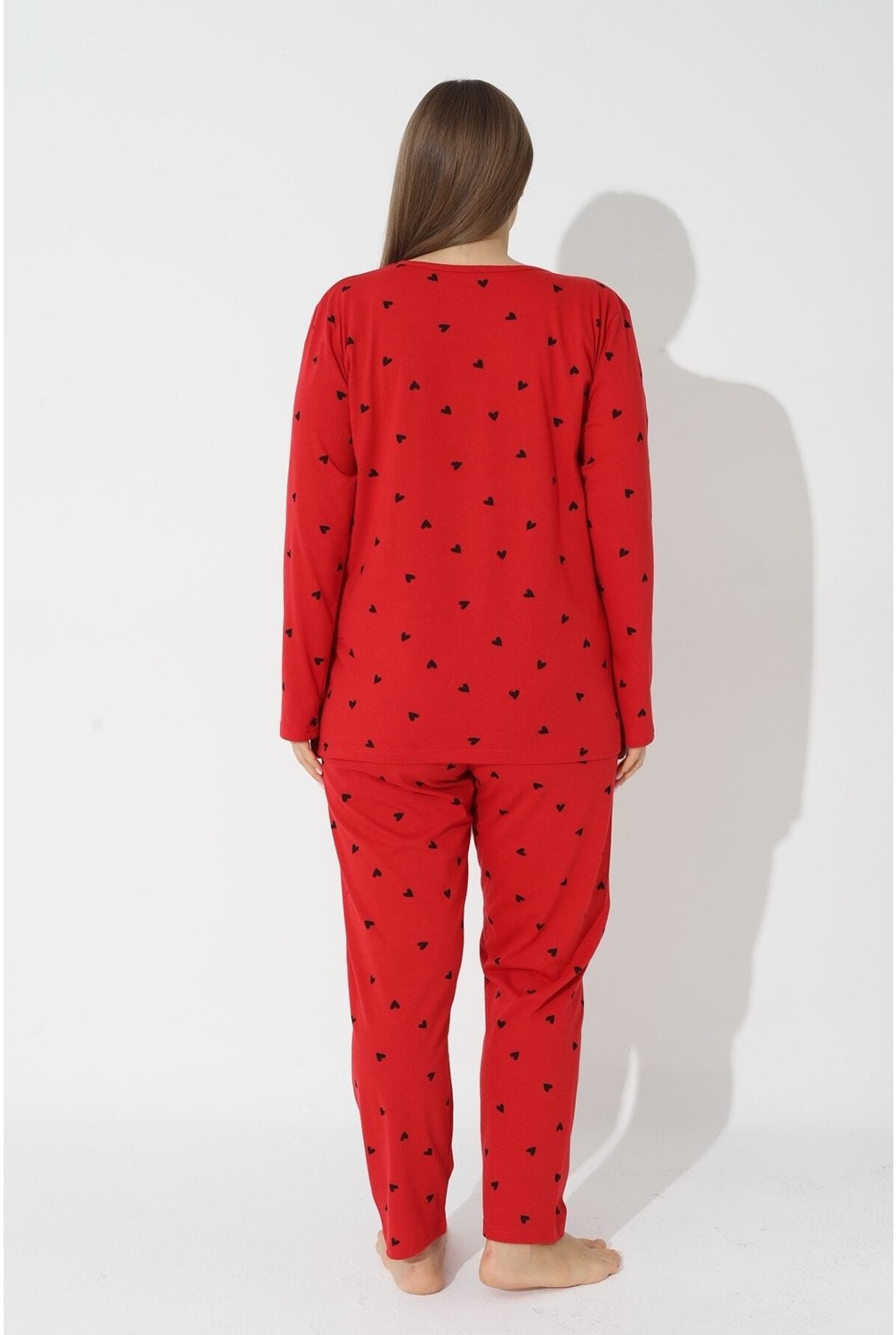 Siyah İnci Kadın Siyah Kalp Desenli Curve Büyük Beden Battal Boy Pamuklu Pijama Takımı Rahat Kesim görsel 3