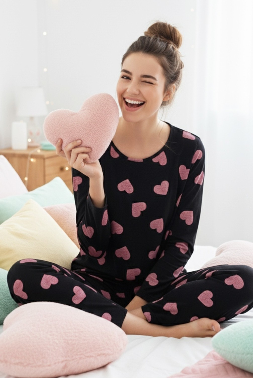 Siyah İnci Kadın Pijama Takımı Pamuklu Siyah Pembe Kalp Desenli Rahat ve Şık Tasarım