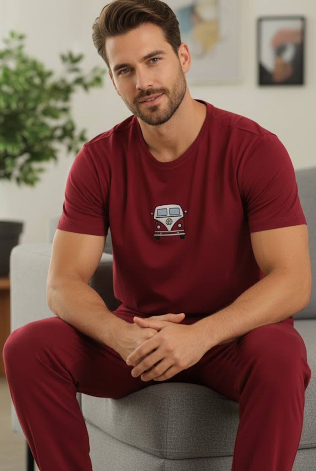 Siyah İnci Koyubordo Kısa Kollu Örme Nakışlı Erkek Pijama Takım 7794