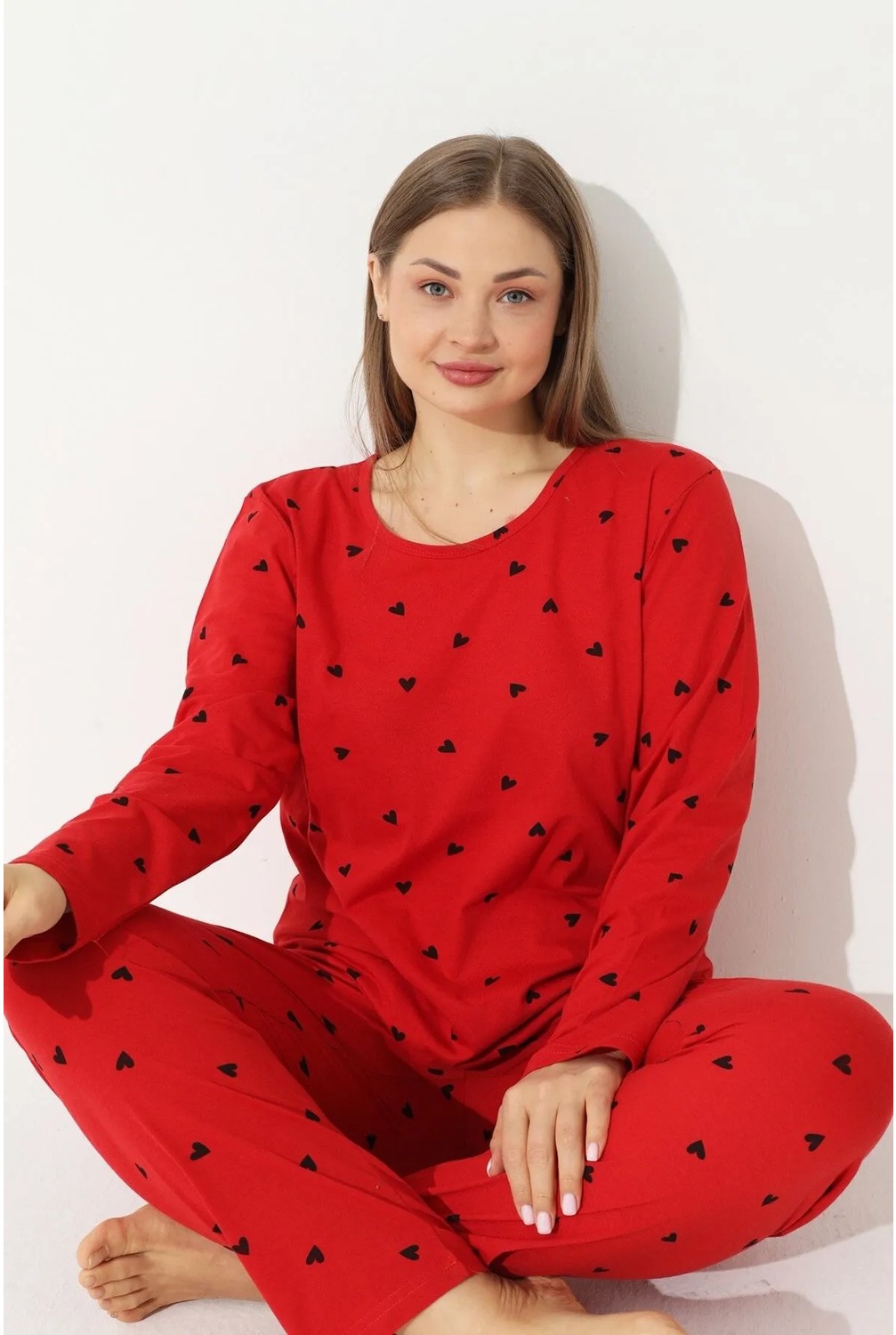 Siyah İnci Kadın Siyah Kalp Desenli Curve Büyük Beden Battal Boy Pamuklu Pijama Takımı Rahat Kesim görsel 4