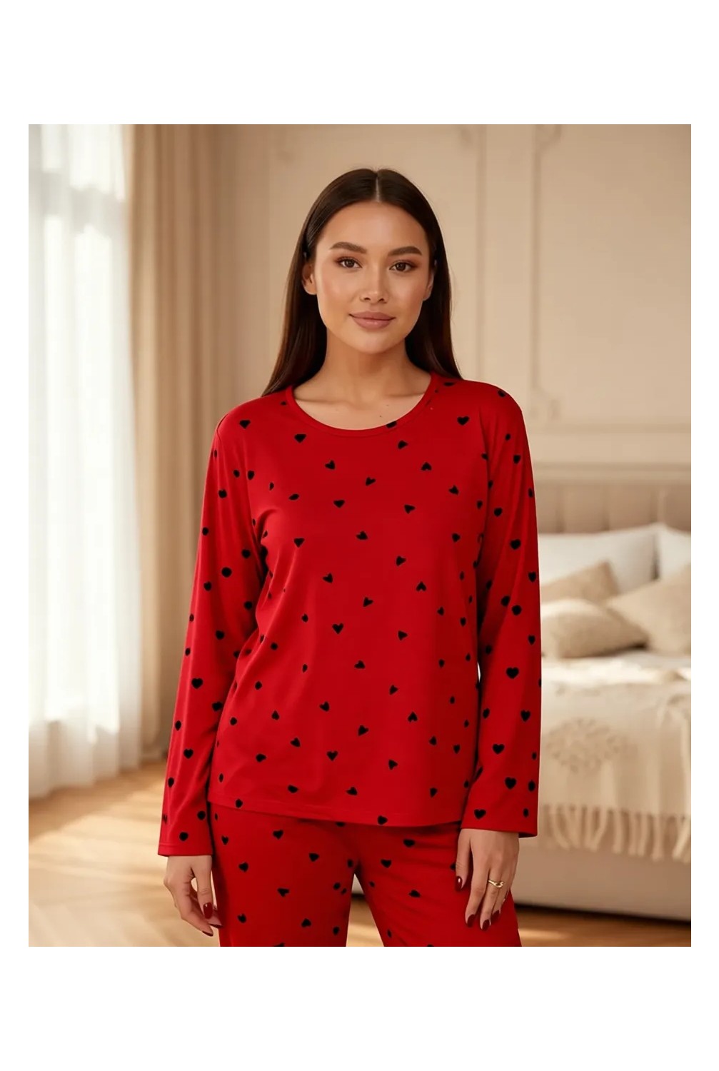 Siyah İnci Kadın Siyah Kalp Desenli Curve Büyük Beden Battal Boy Pamuklu Pijama Takımı Rahat Kesim görsel 5