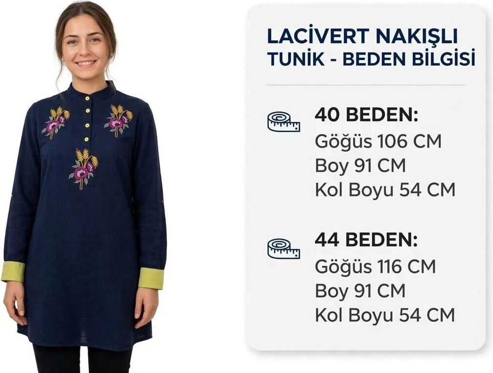 Kado Lacivert Keten 4 Düğmeli Döşü Işlemeli Tunik Kullanışlı Kaliteli Terletmez Güzel Şık