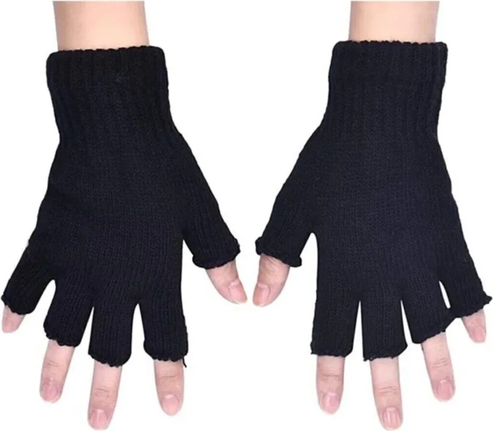 Hace Bazaar Yarım Parmak Kesik Siyah Eldiven Unisex 1 Çift Sıcak Tutan Yün Kışlık Kadın Erkek