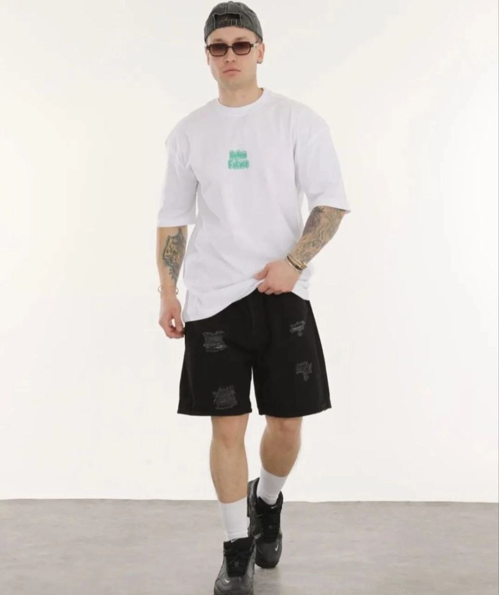 Fantastik Store Erkek Kısa Kol Yazlık Tişört Bisiklet Yaka Baskılı Oversize T-Shirt - Beyaz