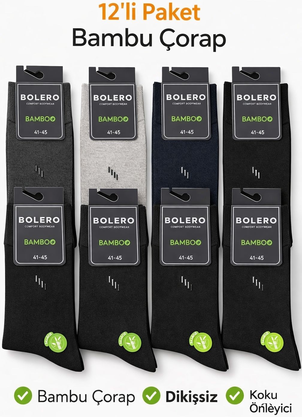 Bolero Bambu Erkek Çorap 12’li Paket, Dikişsiz, Terletmeyen, Koku Önleyici