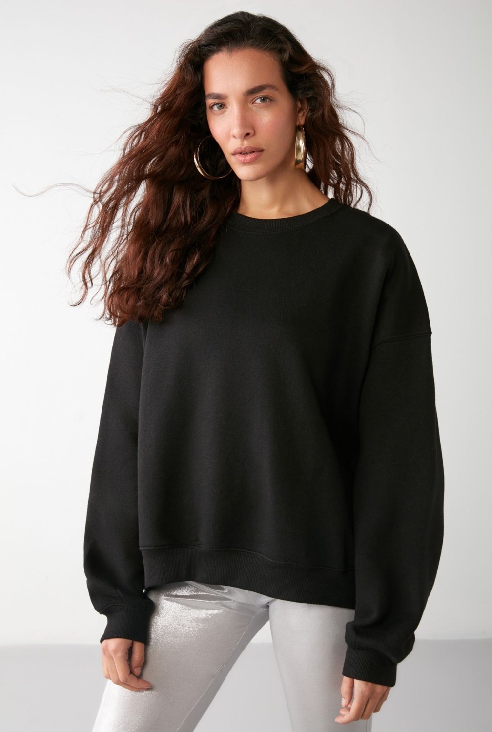 Grimelange Vaneltına Kadın Içi Polarlı 3 Iplik Organik Pamuk Oversize Basic Bisiklet Yaka Siyah Sweatshirt