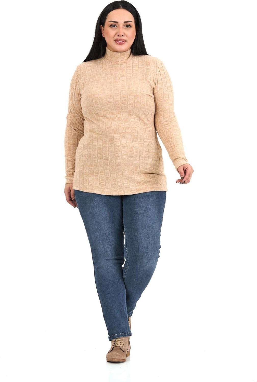Disentis Modest Kadın Büyük Beden Yarım Balıkçı Uzun Kollu Bej Renk Triko Çizgili Body Slim Fit görsel 6
