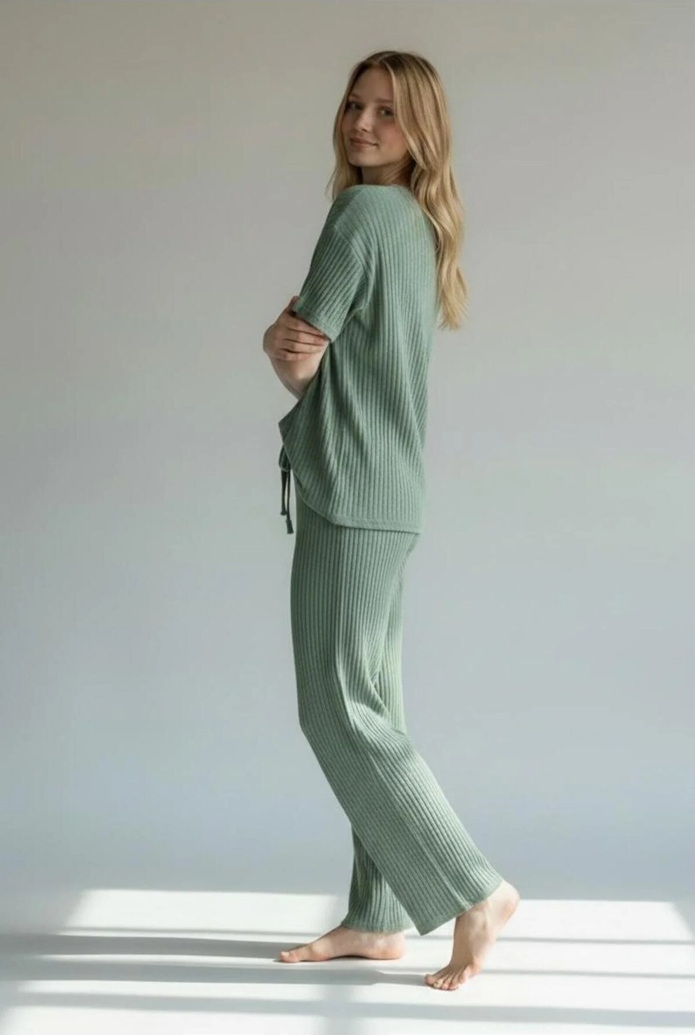 Belirtilmemiş Kadın Kaşkorse Pijama Takımı Kısa Kollu Rahat Esnek Ev Giyimi görsel 6