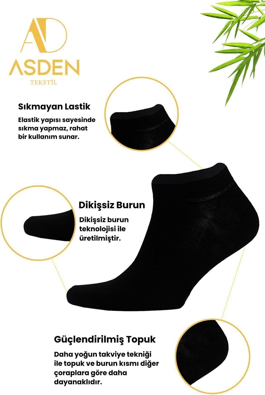 Die Grup Bambu Kadın Patik Çorap Siyah Premium Kutulu 6'lı, Yıkamalı, Burun Dikişsiz görsel 3