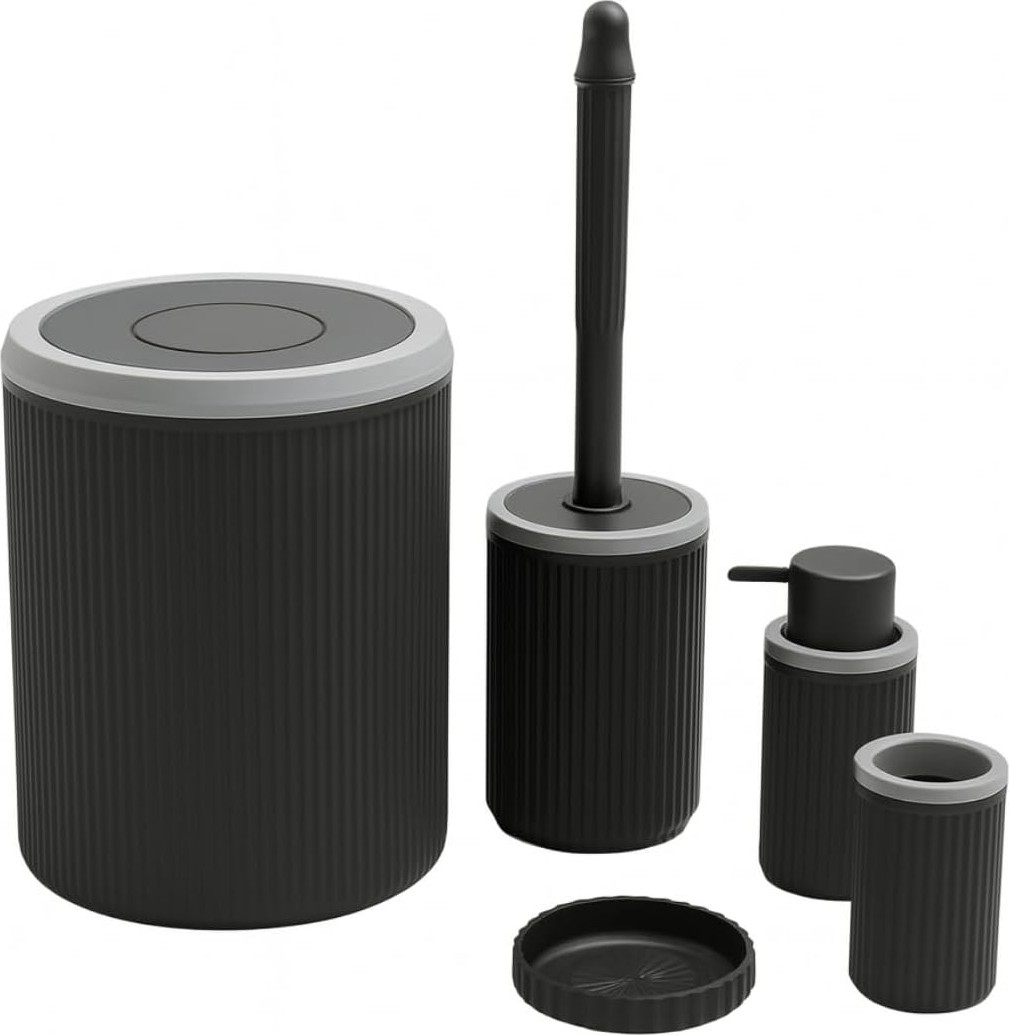 Prime 5’li Banyo Seti, Modern Şık Tasarımlı Çöp Kovası, Tuvalet Fırçası, Sıvı Sabunluk, Diş Fırçalık ve Sabunluk Takımı | Dayanıklı Plastik, Lüks Görünüm, Kaymaz ve Suya Dayanıklı Set