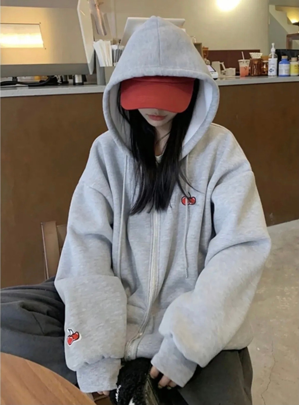 Amor Face Büyük Beden Özel Tasarım Kapüşonlu Çift Kiraz Baskılı Süper Oversize Battal Kadın Sweatshırt