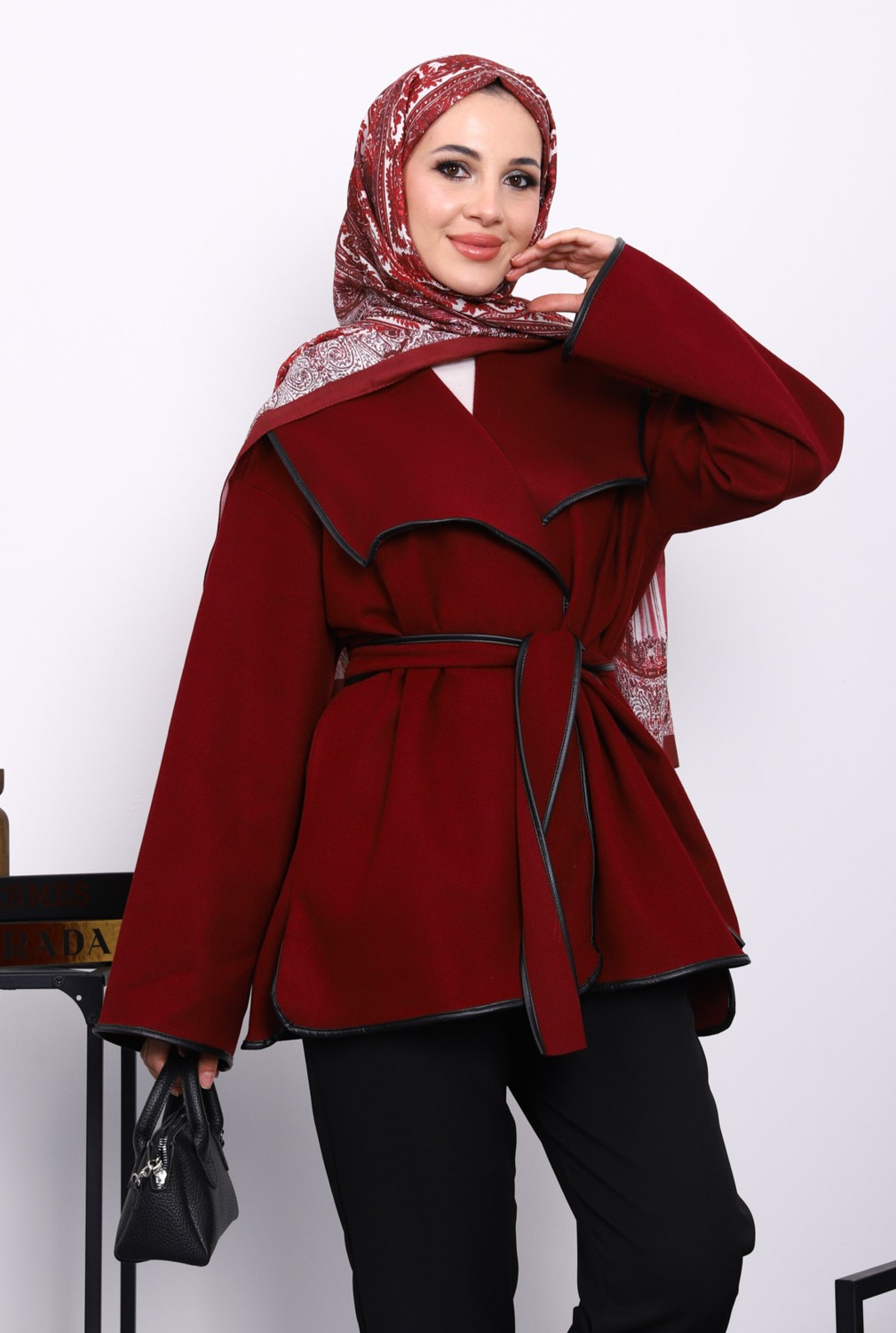 İmaj Butik Bordo Deri Biyeli Şal Yaka Kaşe Ceket