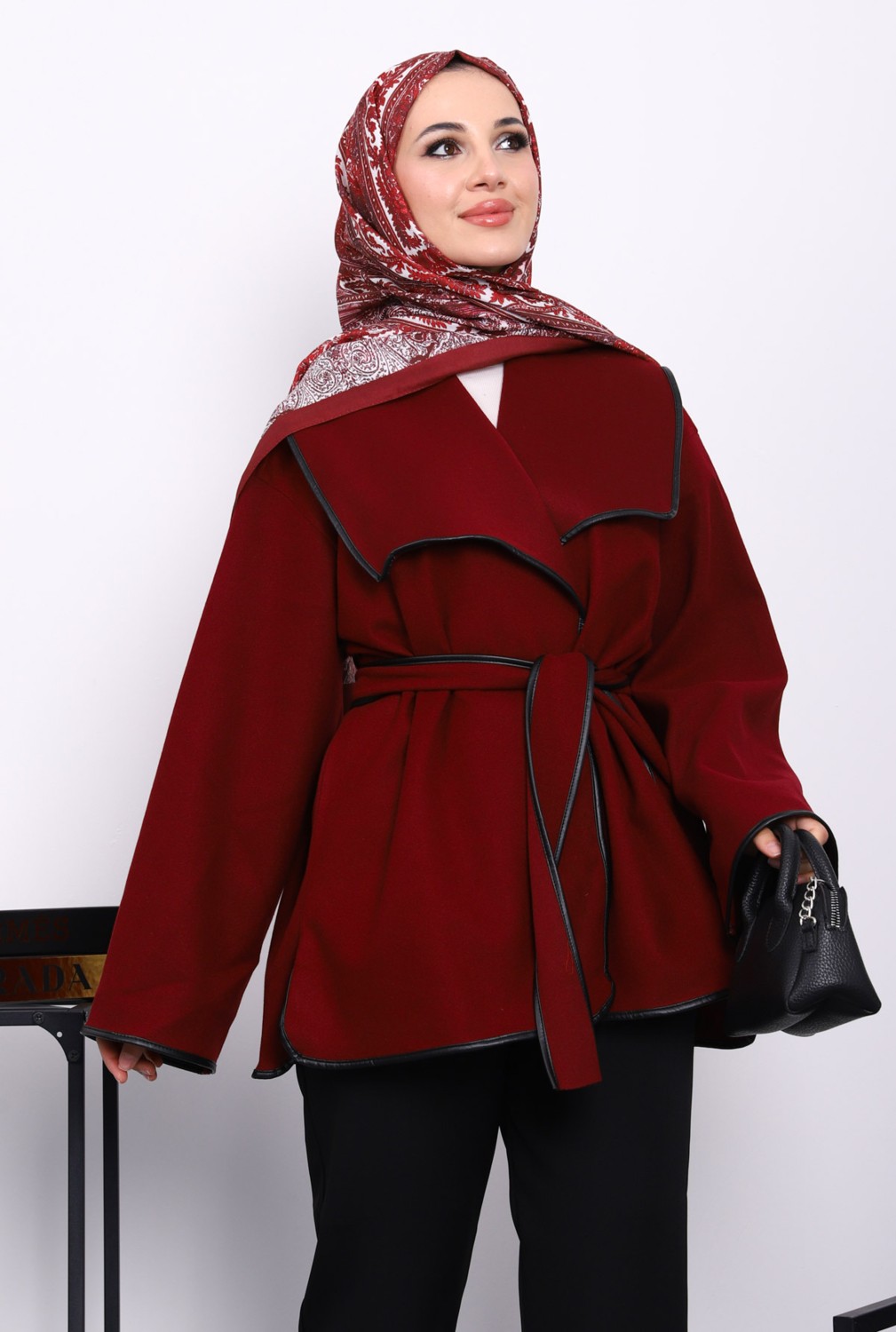 İmaj Butik Bordo Deri Biyeli Şal Yaka Kaşe Ceket görsel 3