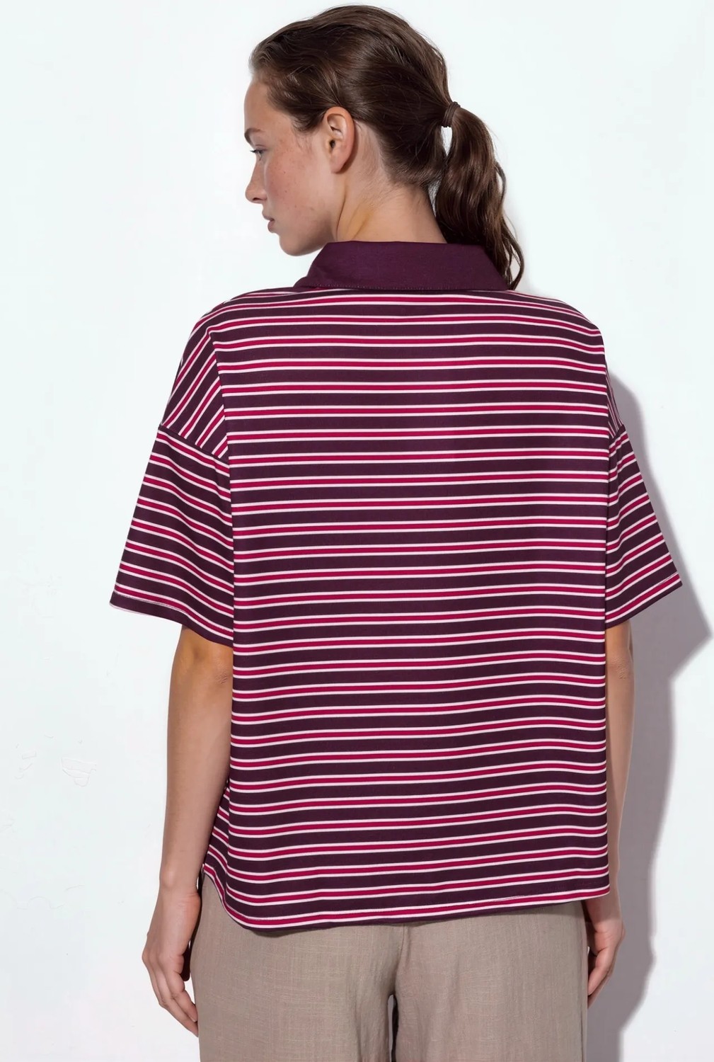 Hiccup Kadınlar Çizgili Oversize Kalıp Polo Yaka T-Shirt Kahverengi görsel 3