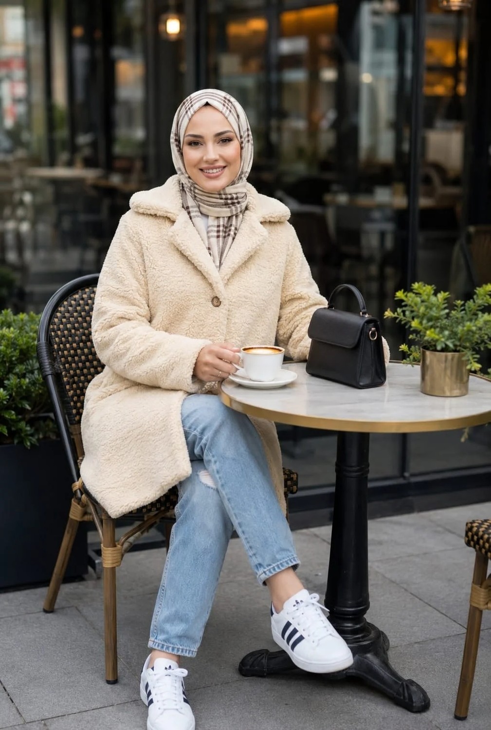 Harma Time Butik Kadın Astarlı Düğmeli Kruvaze Bej Peluş Kaban görsel 4