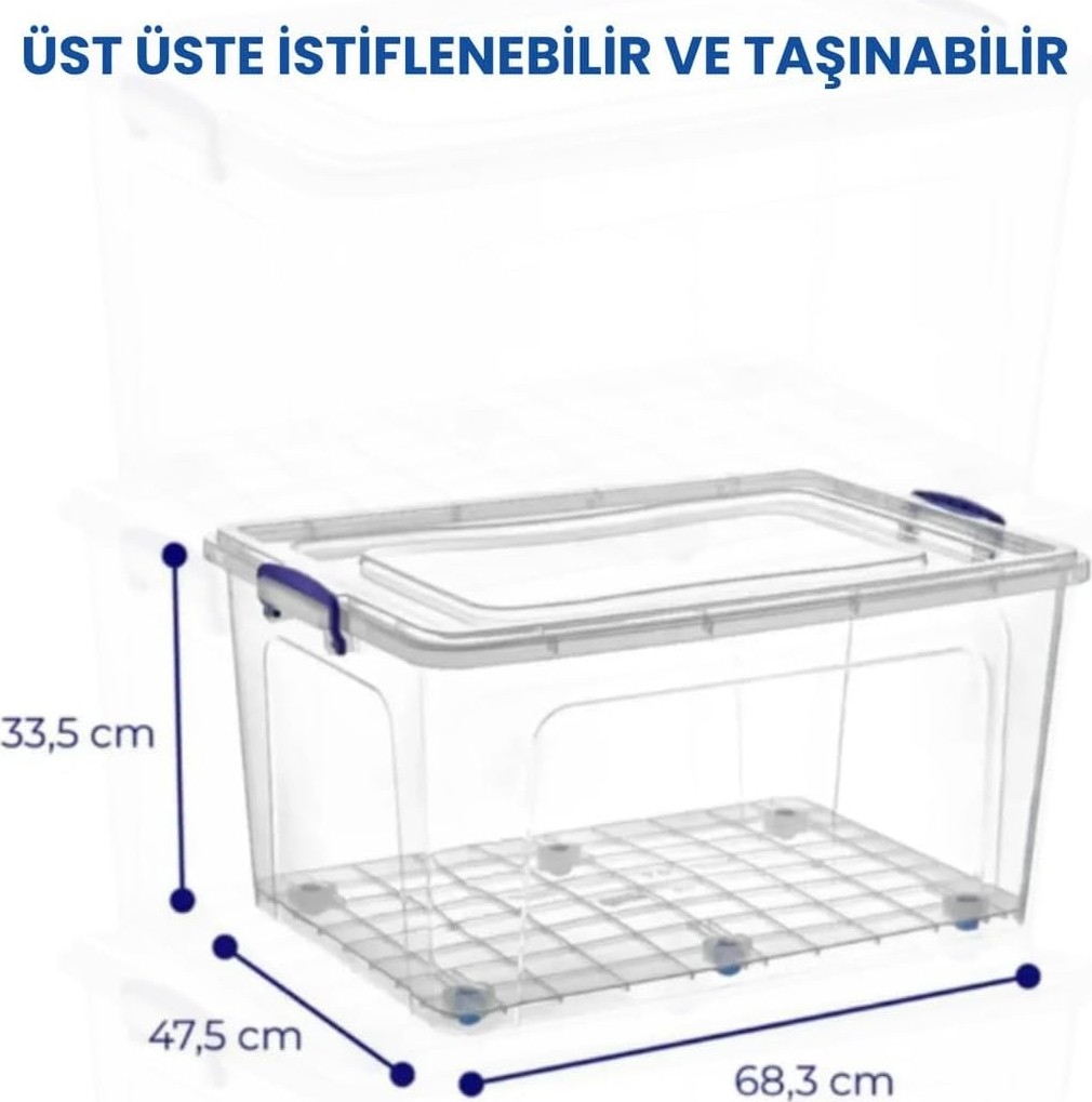 OEM 80 Lt Tekerlekli Şeffaf Saklama Kutusu Kilit Kapaklı Gıda Temasına Uygun Kıyafet ve Oyuncak Depolama Beyaz