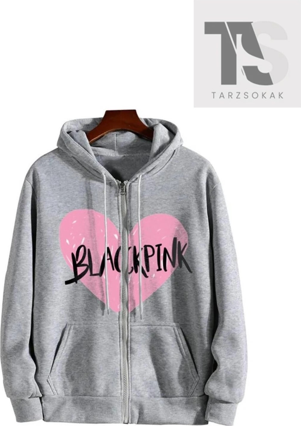 Tarzsokak Blackpink Kalp Sweatshirt Fermuarlı Hırka Gri görsel 2