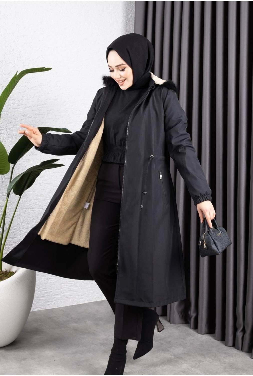 Harman Butik Kadın Kapüşonlu Bondit Kaban Uzun Kol Siyah Dokuma Malzeme ile Şık Tasarım görsel 8
