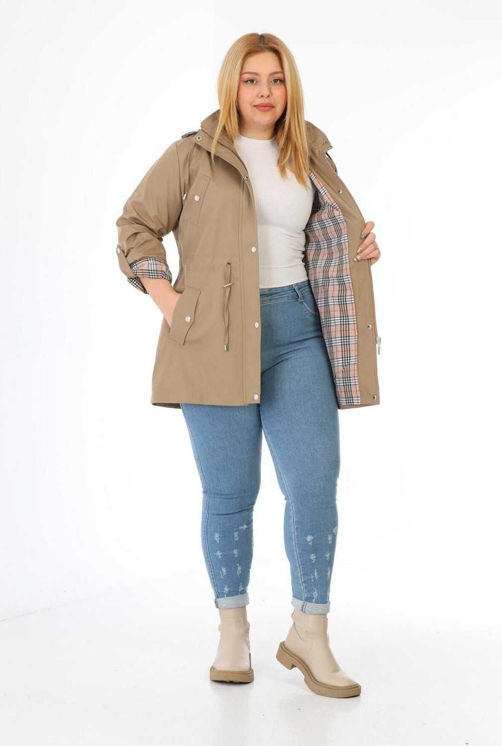 TUTveAL Collection Kadın Suya Dayanıklı Büyük Beden Trençkot Kapüşonlu Ekoseli Haki Trençkot Bonded Kumaş Trençkot