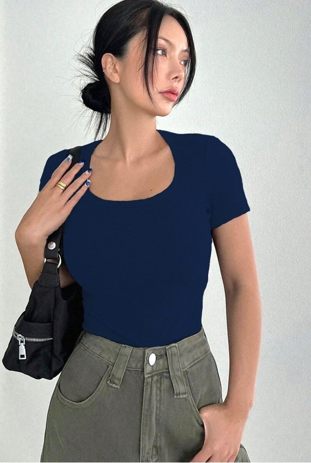 Rooted Kadın Havuz Yaka T-Shirt & Bluz , Likralı Fitilli Kaşkorse Kumaş görsel 5