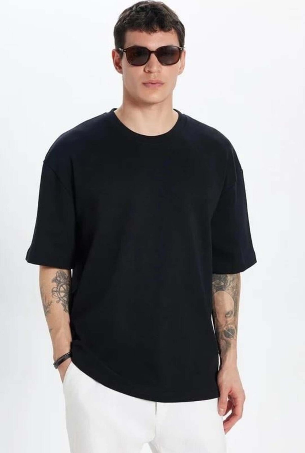 Tudors Unisex 3'lü Paket Lacivert-Beyaz-Siyah Oversize Geniş Kesim %100 Pamuk Basic Bisiklet Yaka Tişört görsel 4