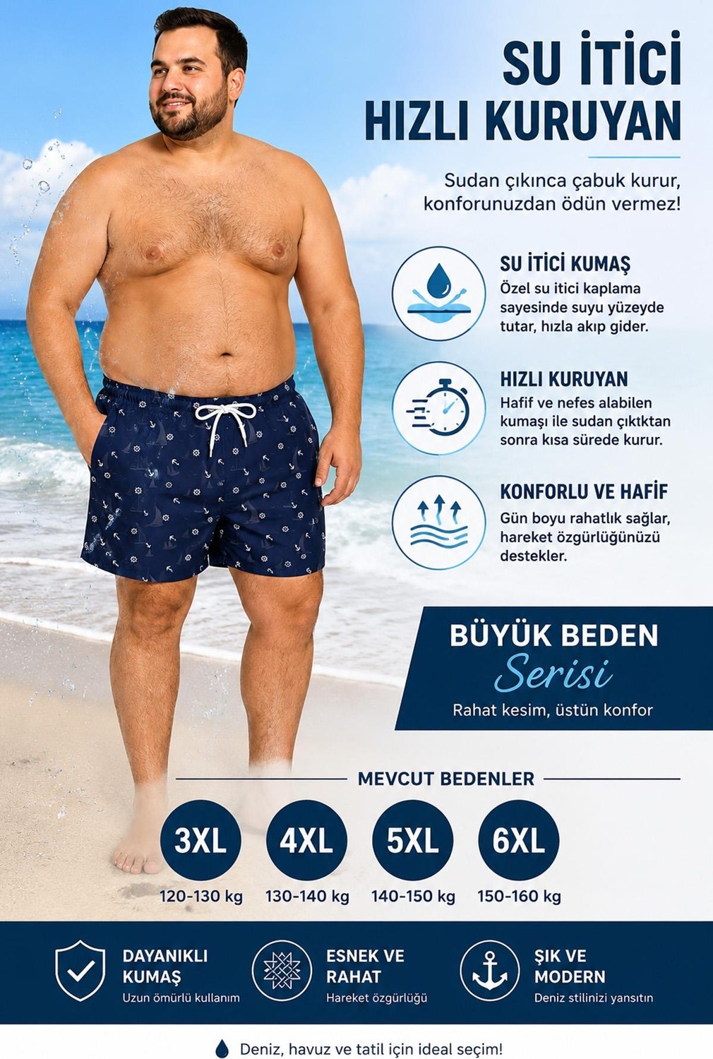 Miami Beach Büyük Beden Su Itici Özellikli Dijital Baskılı Erkek Plaj Deniz Şort Mayo // 410-LACIVERT görsel 2