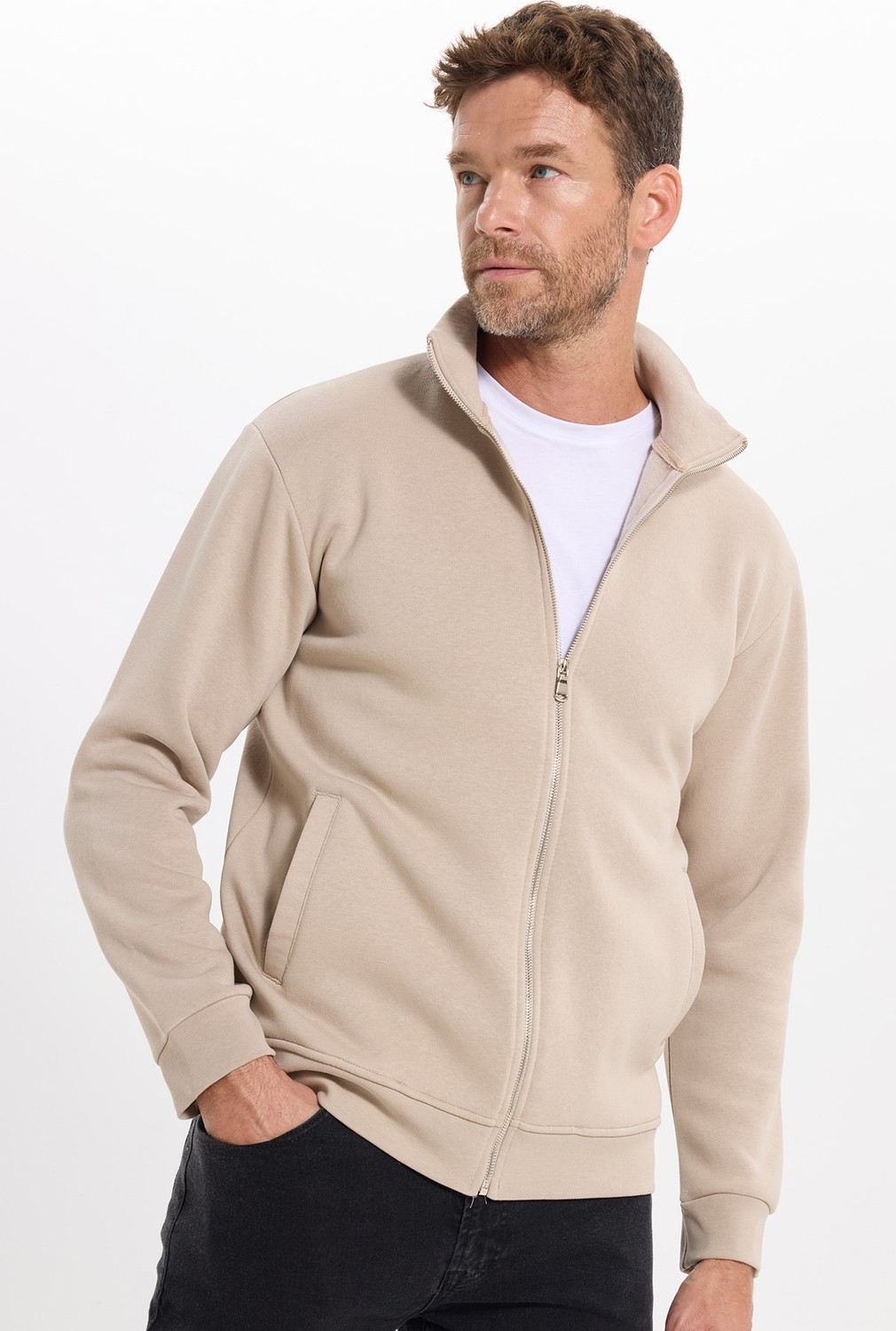 Tudors Unisex Relax Fit Rahat Kesim Pamuklu 3 İplik İçi Polarlı Fermuarlı Cepli Taş Sweatshirt Hırka görsel 4